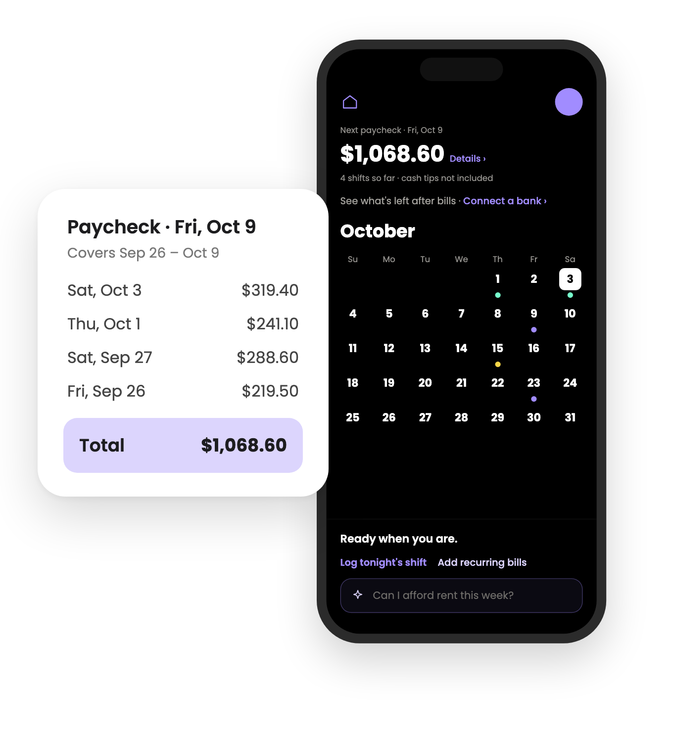 The next paycheck at the top of the calendar, with the four shifts in it