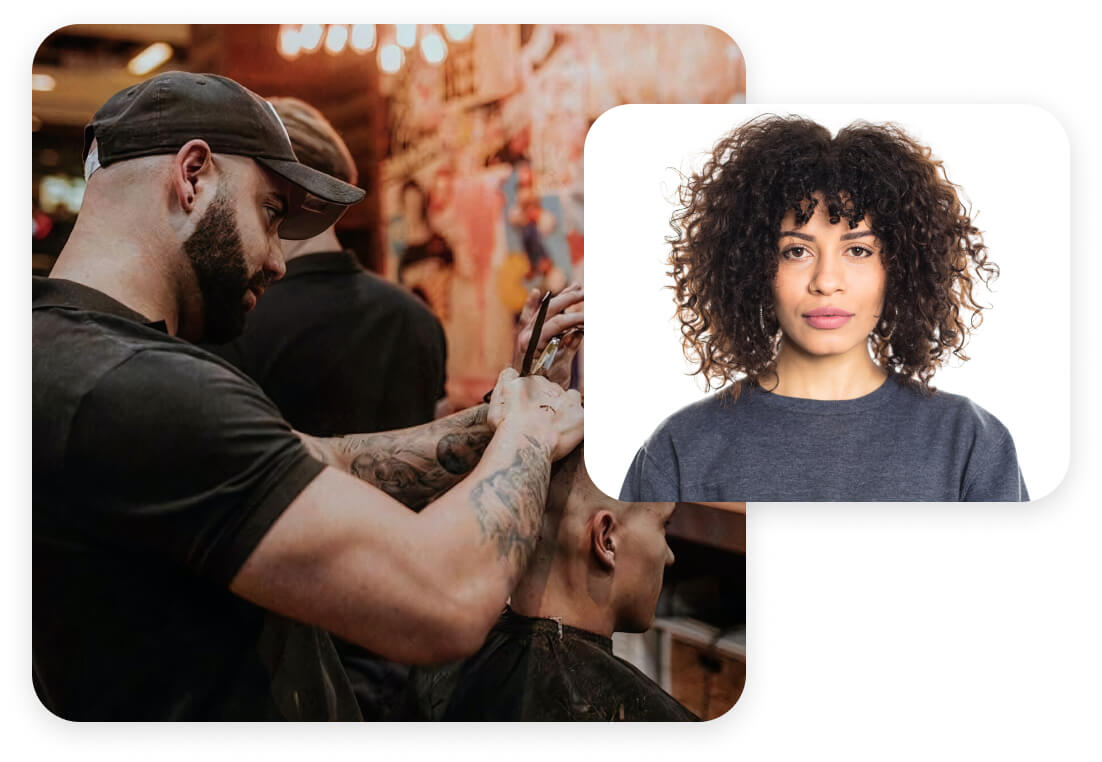 Barber cutting hair and headshot image of gig worker